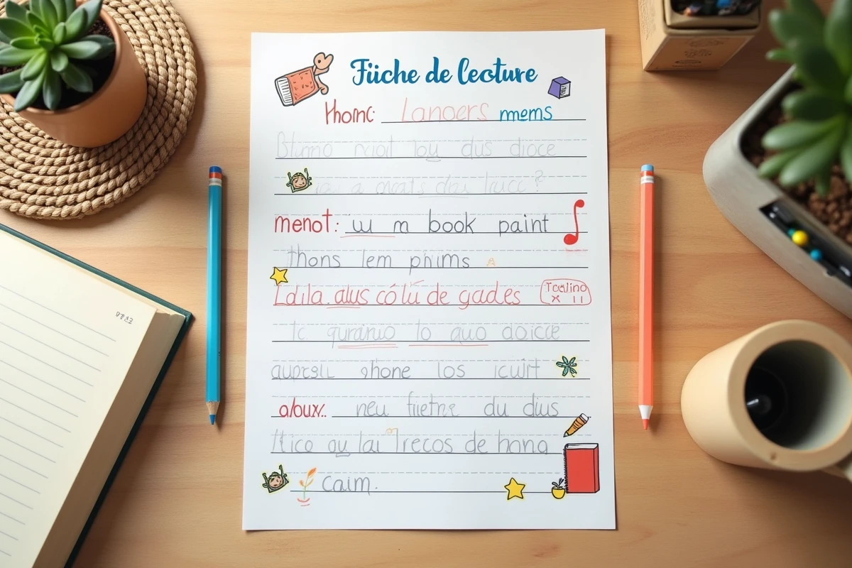Vue en plongée d'une fiche de lecture complétée à la main par un enfant avec dessins et étoiles décoratives