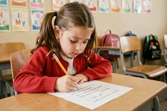 Fillette de CE1 lisant une fiche de texte imprimée à son bureau en bois dans une salle de classe colorée