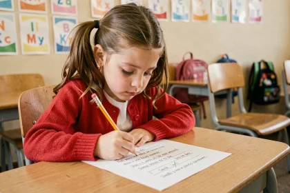 Fillette de CE1 lisant une fiche de texte imprimée à son bureau en bois dans une salle de classe colorée