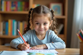 Fillette de CE2 qui remplit une fiche de lecture colorée à son bureau avec un crayon rouge