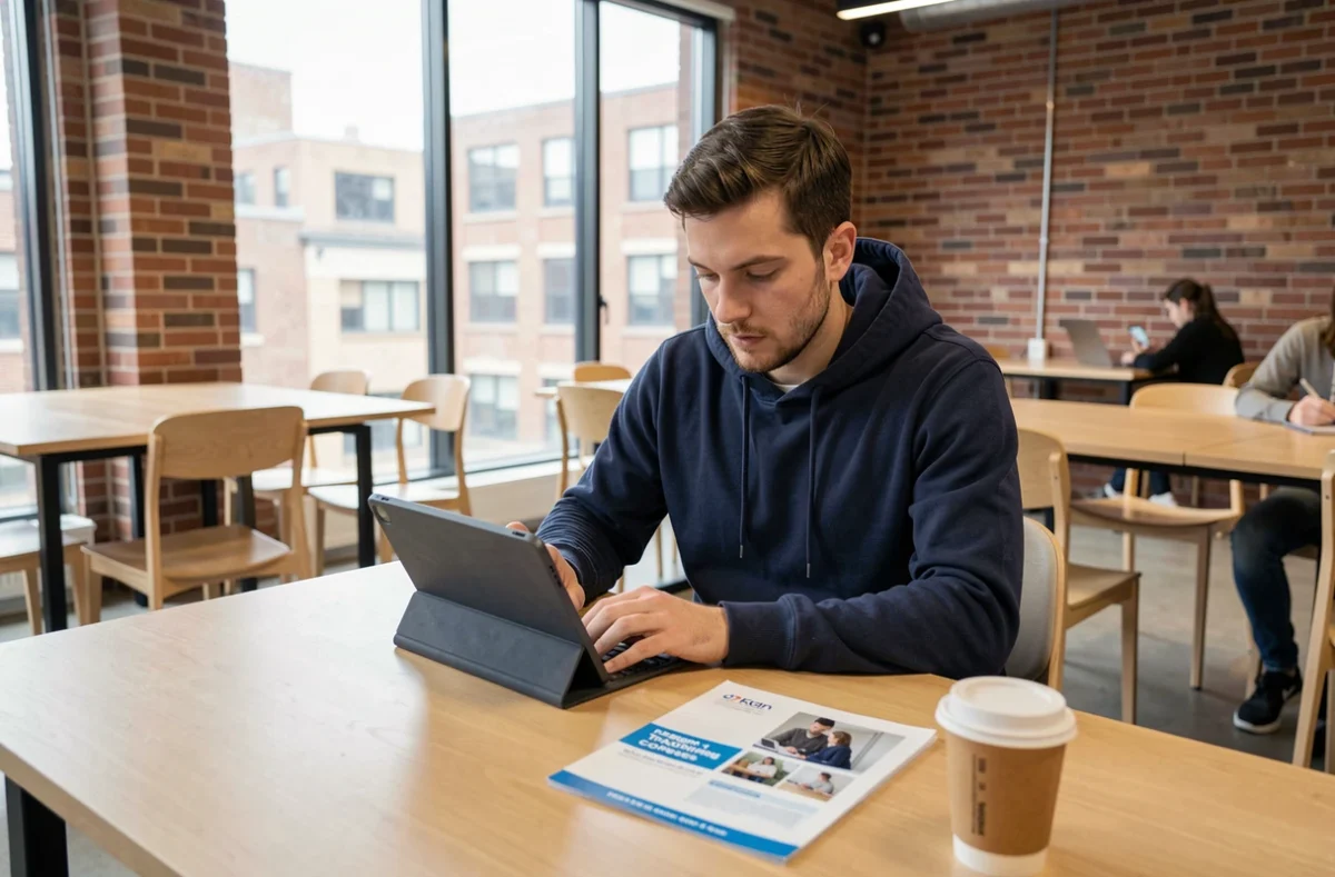 Homme comparant des options de financement pour une formation design dans un espace de coworking moderne