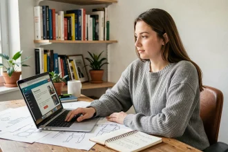 Jeune femme planifiant le financement de sa formation design en ligne depuis son bureau à domicile