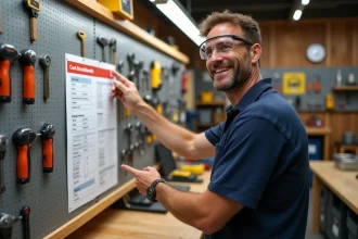 Formateur bricolage expliquant un tableau de tarifs de formation devant un établi d'atelier équipé d'outils