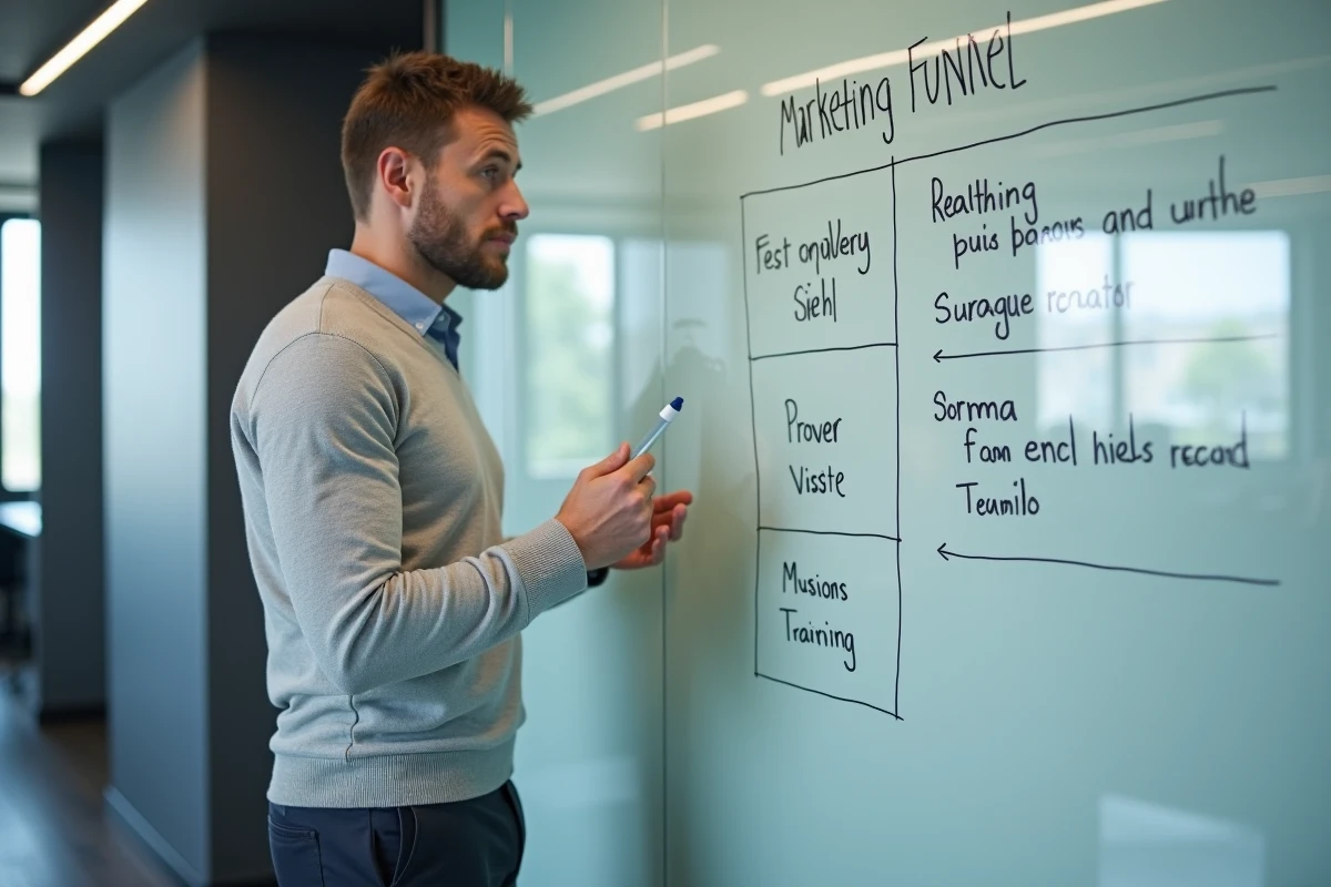 Formateur en stratégie LinkedIn expliquant un tunnel de génération de leads devant un tableau blanc dans une salle de réunion moderne