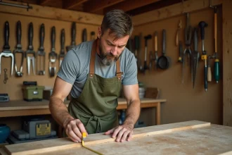 Homme en tablier de bricolage mesurant une planche en bois dans un atelier bien organisé, incarnant la confiance acquise lors de formations DIY
