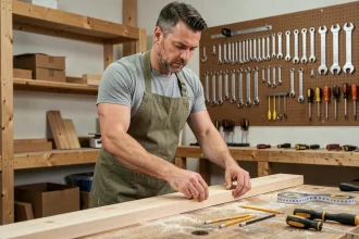 Homme bricoleur mesurant une planche en bois dans un atelier de rénovation domestique bien équipé