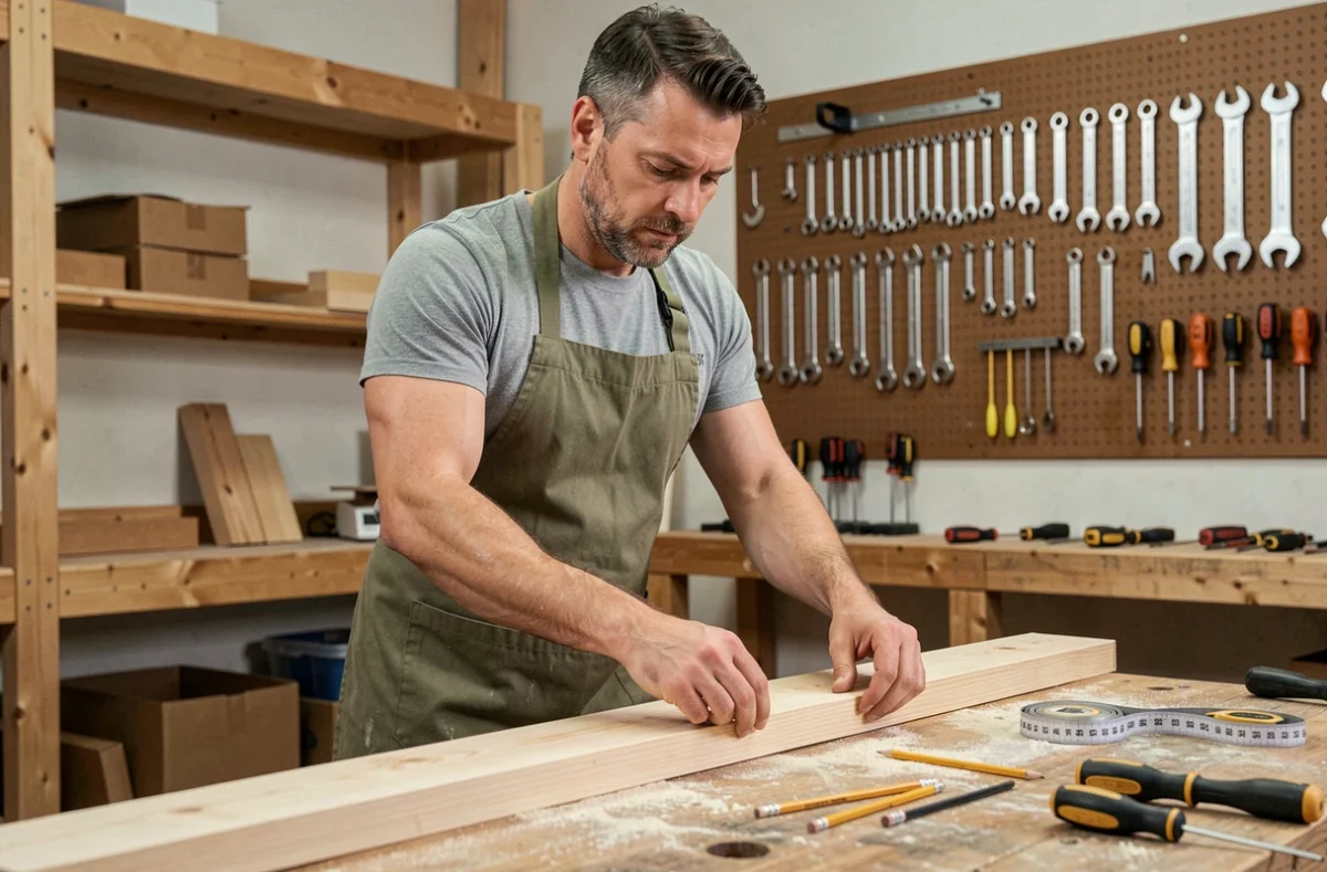 Homme bricoleur mesurant une planche en bois dans un atelier de rénovation domestique bien équipé