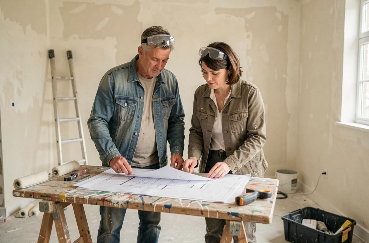 Couple de bricoleurs consultant des plans de rénovation dans un salon en cours de transformation