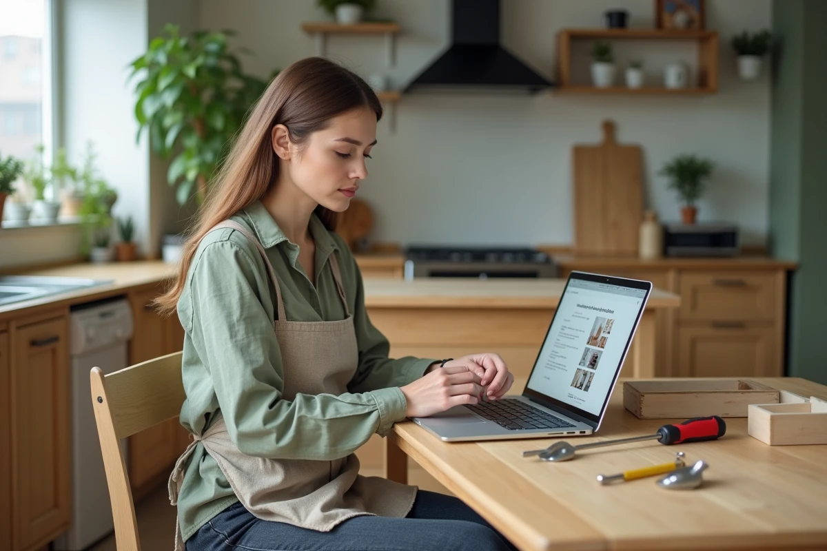 Femme suivant un cours de bricolage en ligne sur ordinateur portable chez elle, avec des outils et un kit d'étagère en bois sur la table