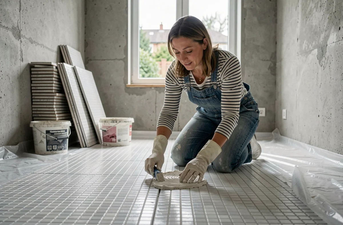 Femme posant du carrelage mosaïque dans une salle de bain en cours de rénovation avec outils de bricolage