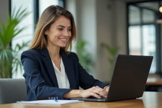 Femme professionnelle travaillant sur LinkedIn depuis un espace de coworking moderne, illustrant la formation LinkedIn pour générer des leads