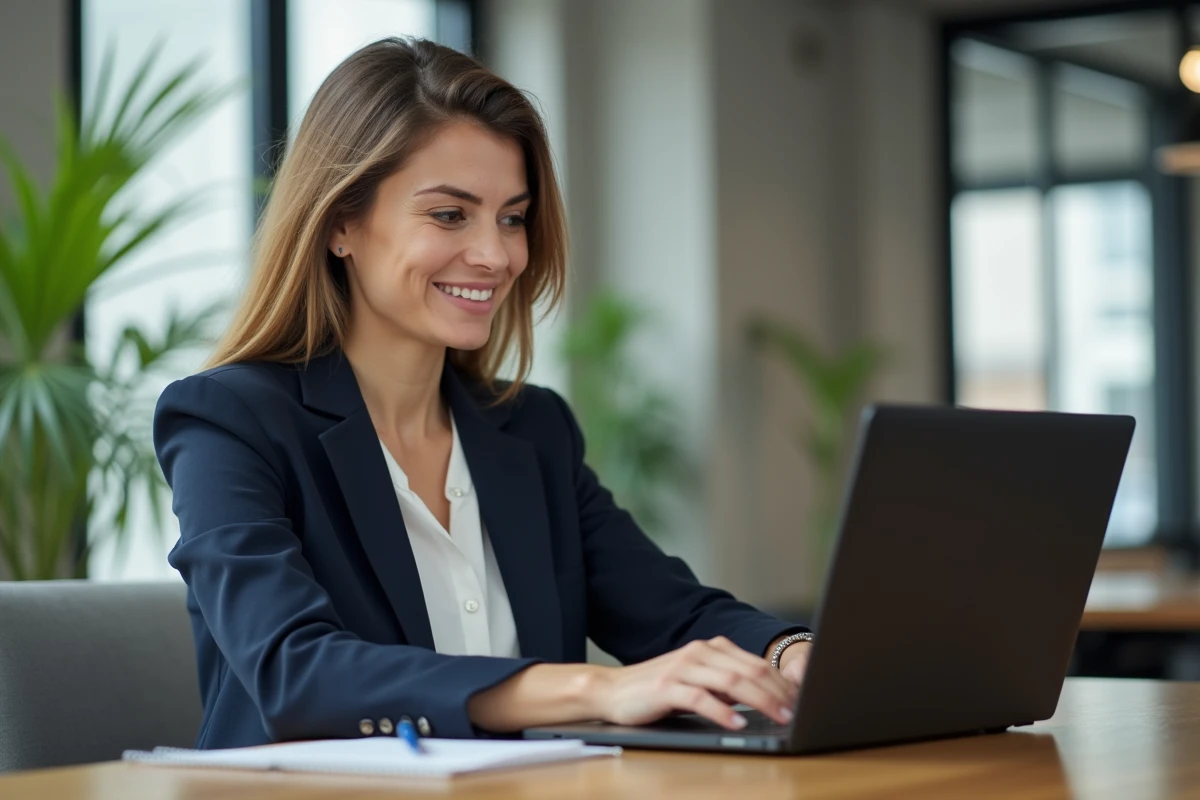 Femme professionnelle travaillant sur LinkedIn depuis un espace de coworking moderne, illustrant la formation LinkedIn pour générer des leads