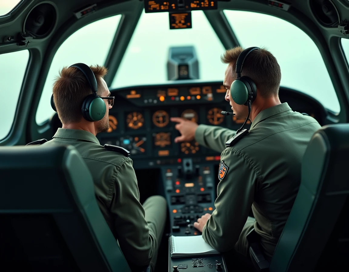 Instructeur et stagiaire pilote de chasse en formation dans un simulateur de cockpit militaire