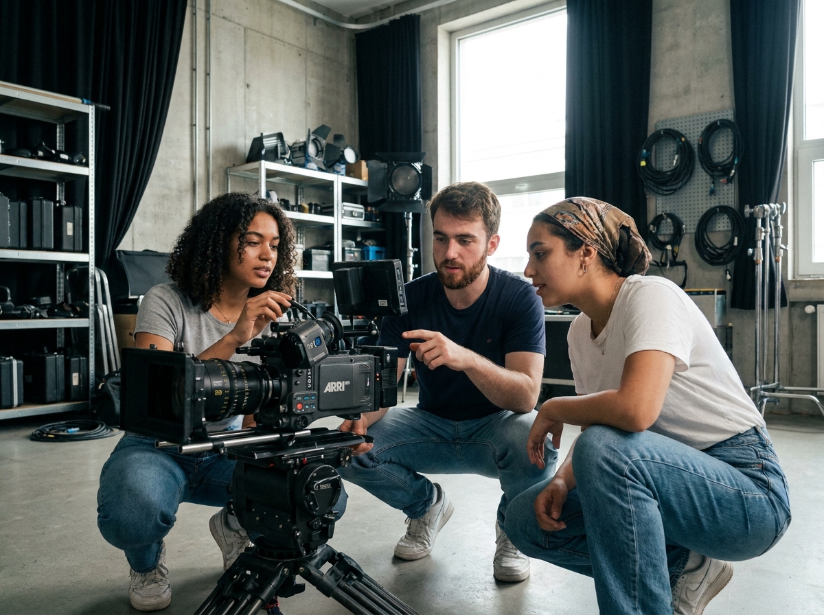 Groupe d'étudiants en formation cinéma travaillant sur une caméra professionnelle dans un studio d'école spécialisée, alternative à l'université après le bac