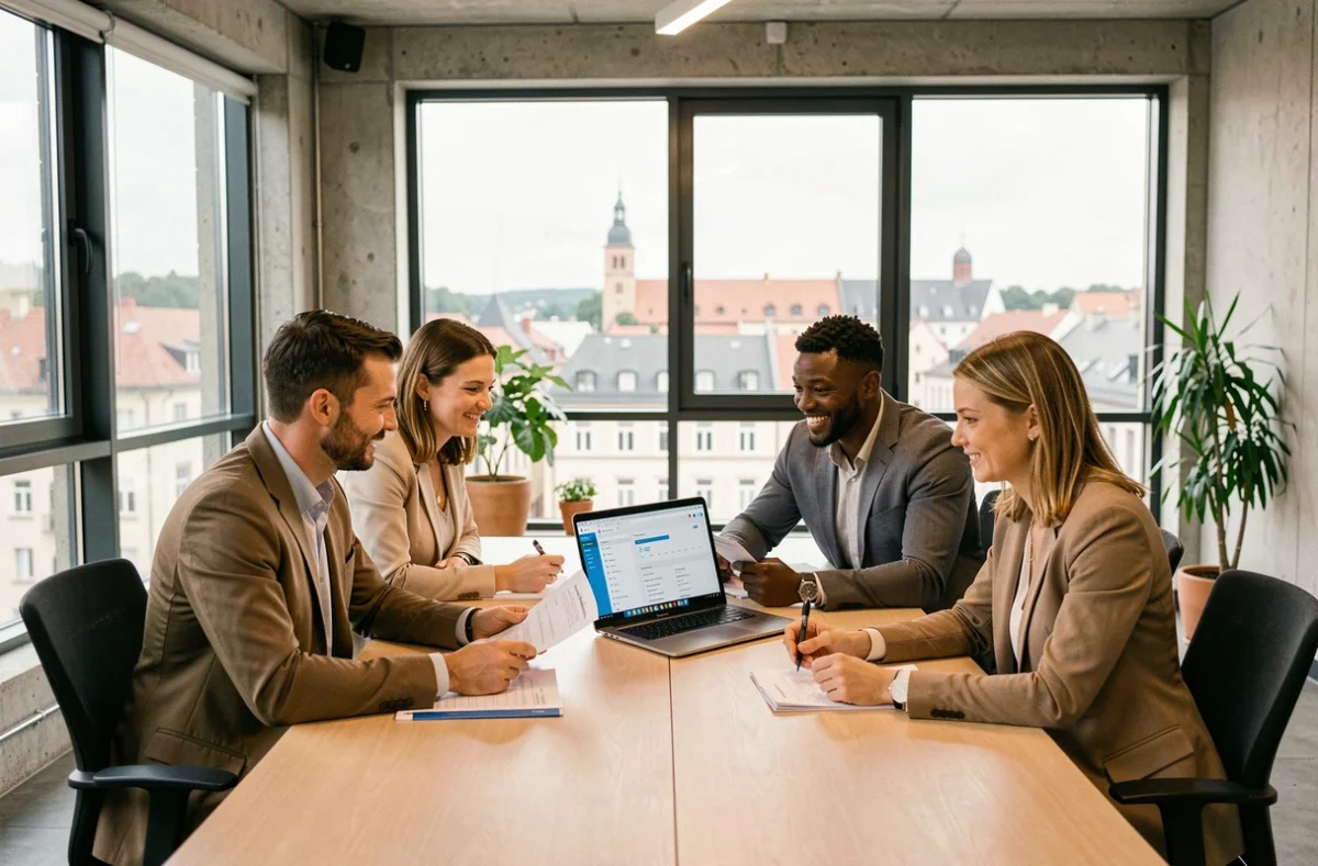 Groupe de professionnels adultes en formation dans un centre moderne du Grand Est, consultant des supports pédagogiques autour d'une table de travail contemporaine