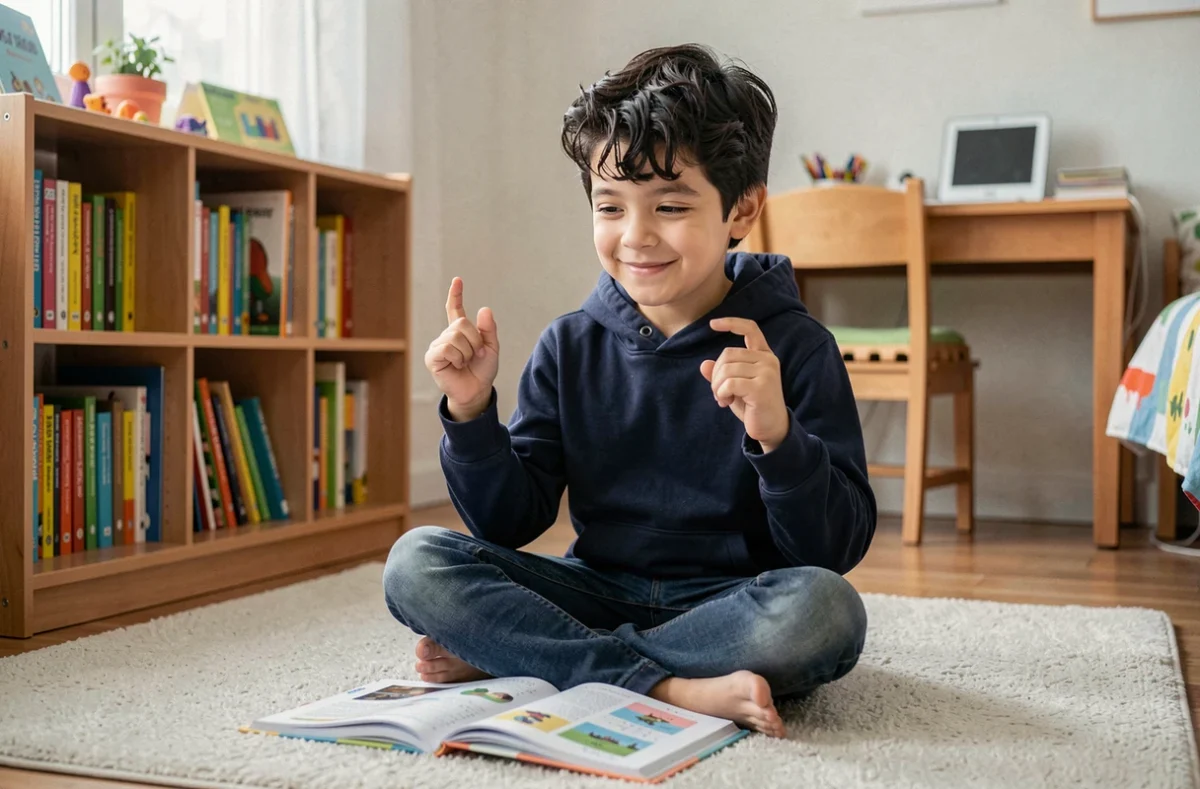 Garçon souriant qui apprend la table de 8 avec ses doigts assis sur le sol de sa chambre avec un cahier de maths ouvert