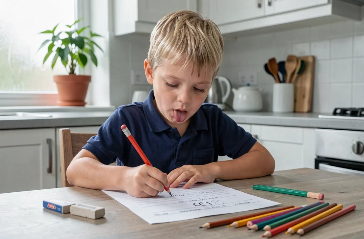 Garçon de CE1 écrivant sur une fiche de texte imprimée à la maison sur la table de cuisine
