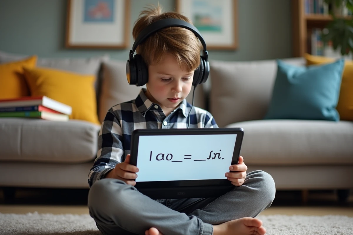 Gar&ccedil;on de 10 ans lit une dict&eacute;e sur tablette &agrave; la maison