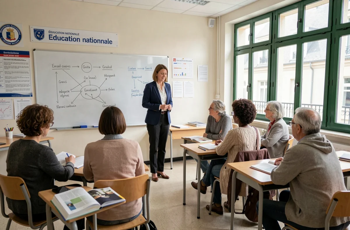 Formatrice du réseau Greta Grand Est animant un cours pour adultes dans une salle de classe d'un établissement de l'Éducation nationale