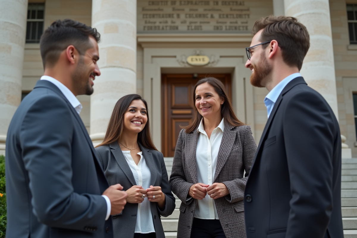 Groupe diversifié de quatre personnes devant un tribunal