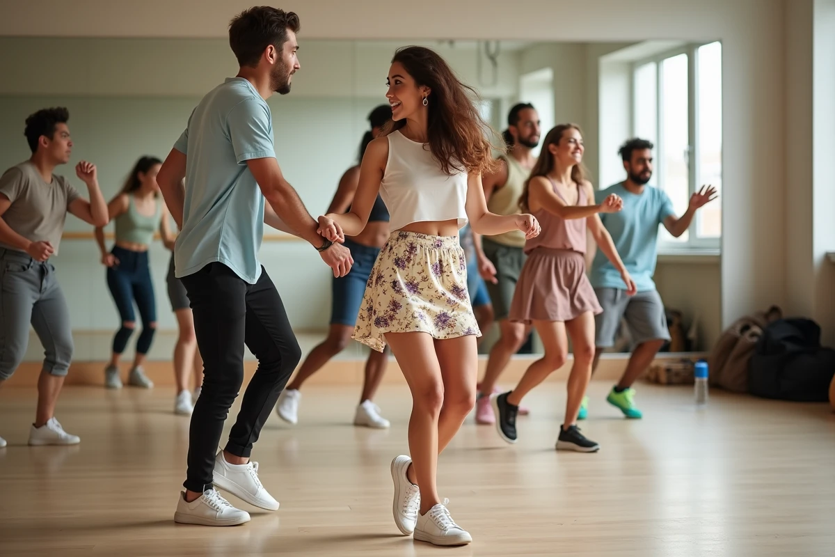 Groupe de d&eacute;butants en zouk dans un studio lumineux