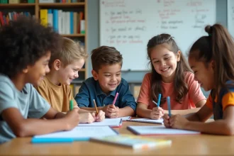 Groupe d'élèves de collège en classe moderne collaborant