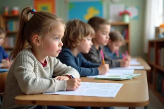 Groupe d'enfants CE1 attentifs en classe avec leurs documents