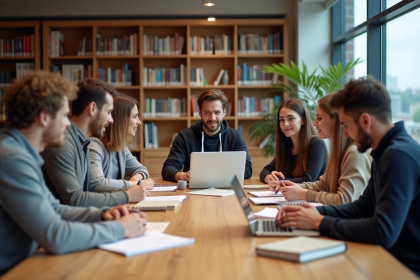 Groupe d'étudiants en bibliothèque universitaire moderne