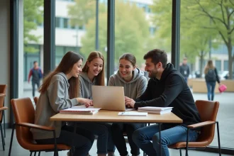 Groupe d'étudiants souriants dans un lounge moderne