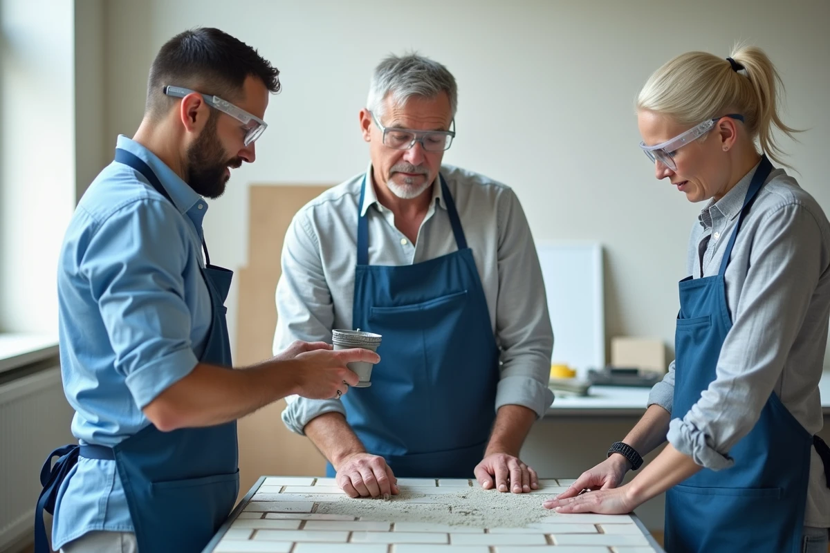 Groupe d'adultes en formation bricolage pratiquant la pose de carrelage dans un centre de formation professionnel encadré