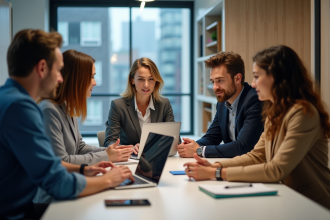 Groupe de professionnels en réunion dans un bureau moderne