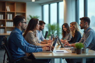 Groupe de professionnels en open space moderne en réunion