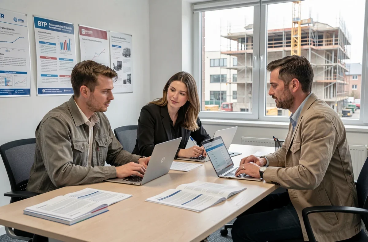 Groupe de stagiaires adultes en formation certifiante BTP CPF dans une salle de cours d'un centre de formation professionnelle
