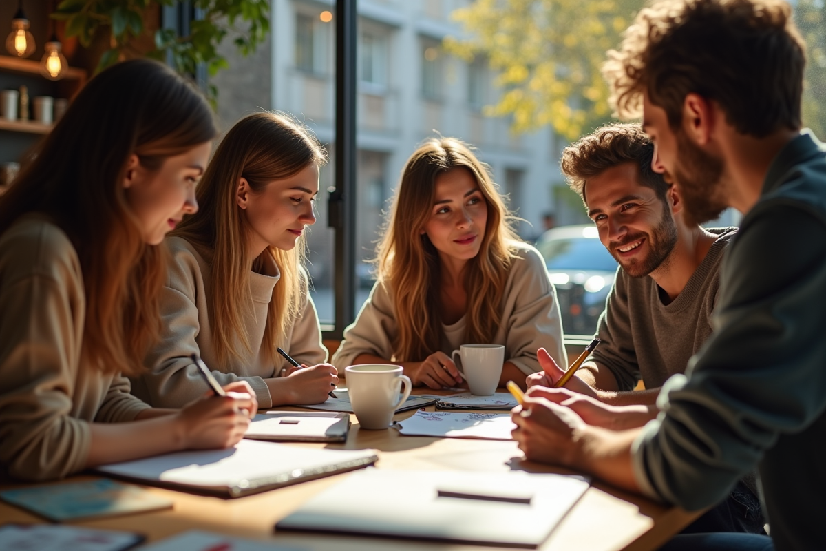 Groupe d artistes discutant dans un café urbain ensoleille