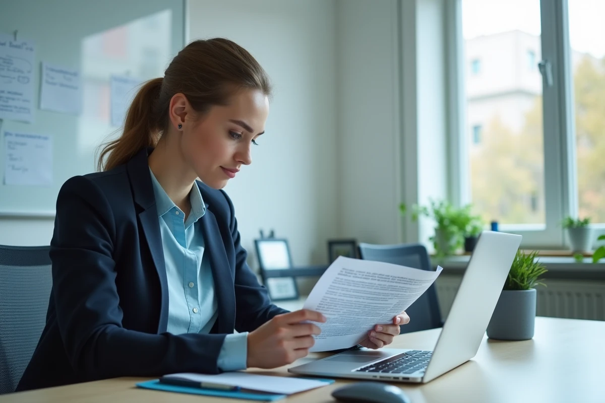 Femme consultant un guide imprimé pour configurer la redirection de sa messagerie académique Clermont-Ferrand dans un bureau universitaire