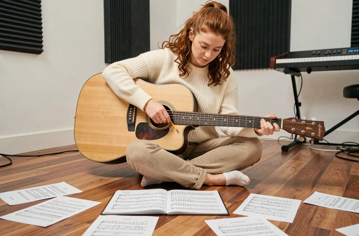Jeune femme guitariste assise sur un parquet en train d'annoter des accords de Let It Be pour les adapter au piano, entourée de partitions imprimées
