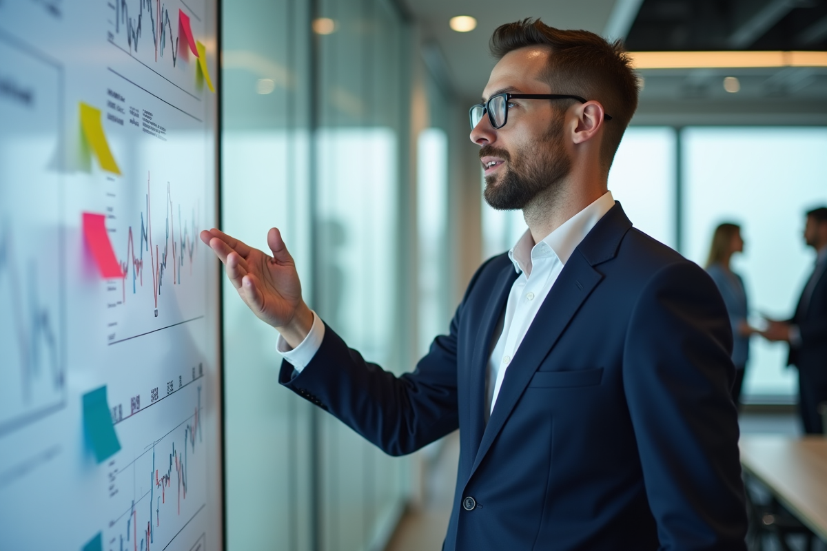 Homme d affaires en presentation strategique avec graphiques