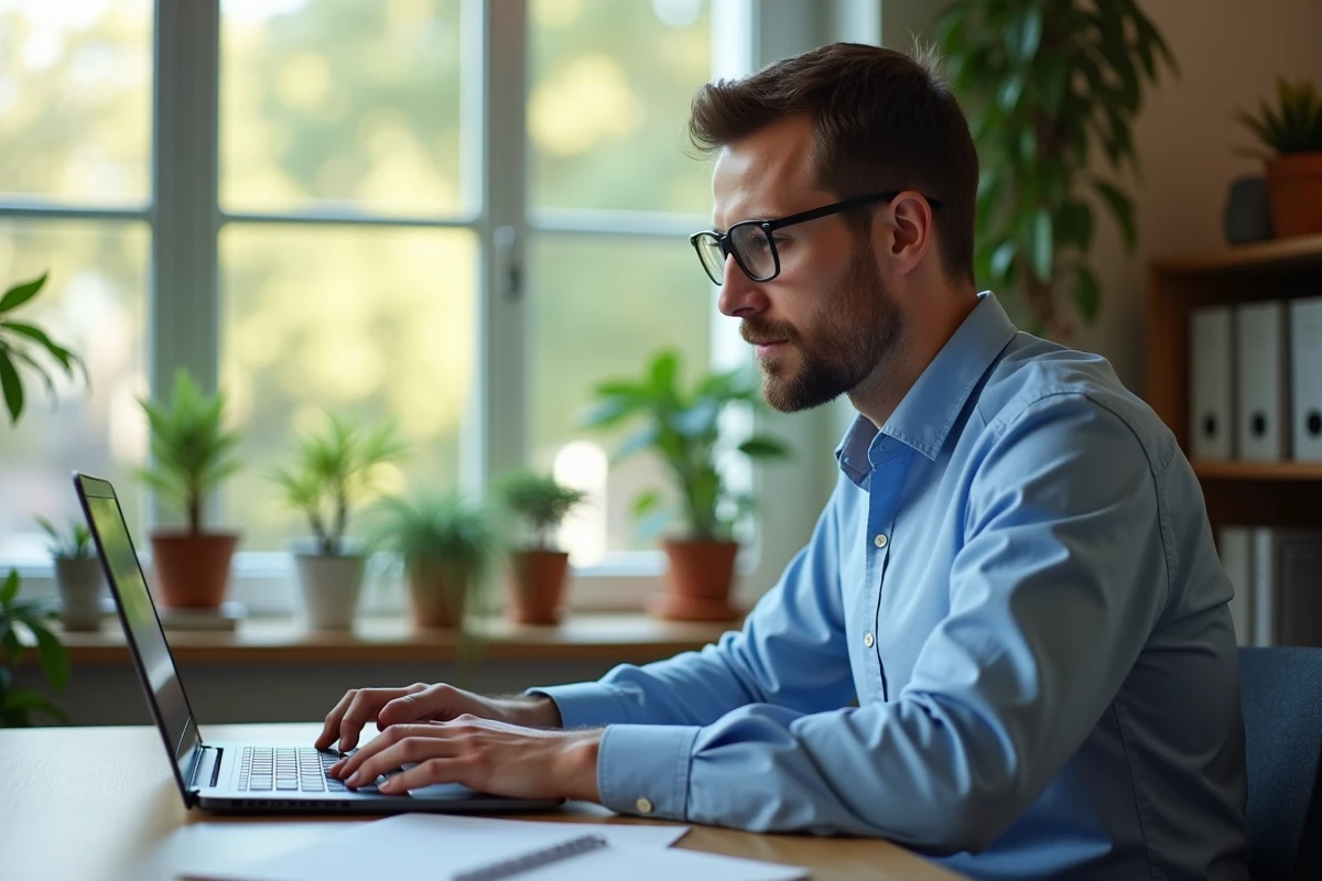 Homme en bleu travaillant sur un ordinateur dans un bureau lumineux