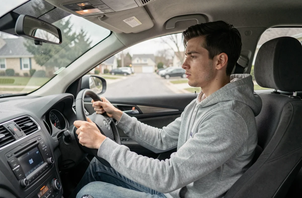 Jeune homme gardant son calme au volant pendant l'examen pratique du permis de conduire
