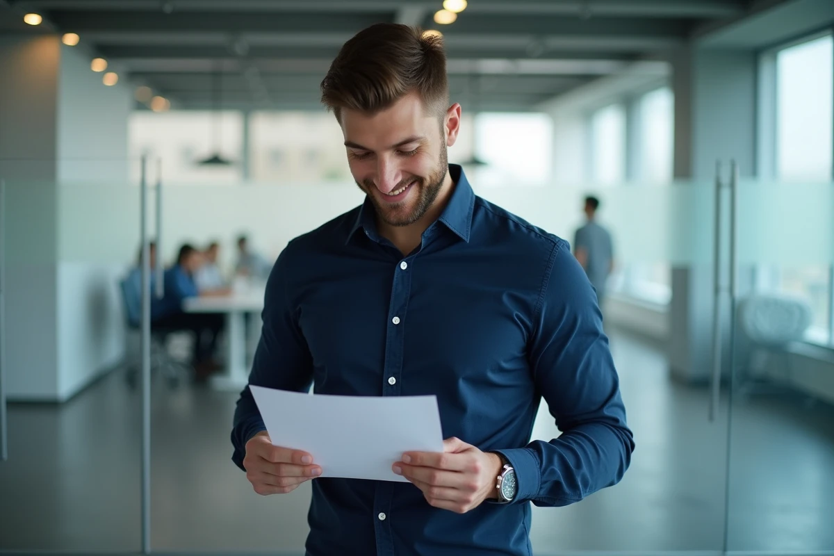 Jeune professionnel tenant fièrement son certificat LVMH dans un bureau d'entreprise moderne, symbolisant la réussite d'un parcours de formation en ligne