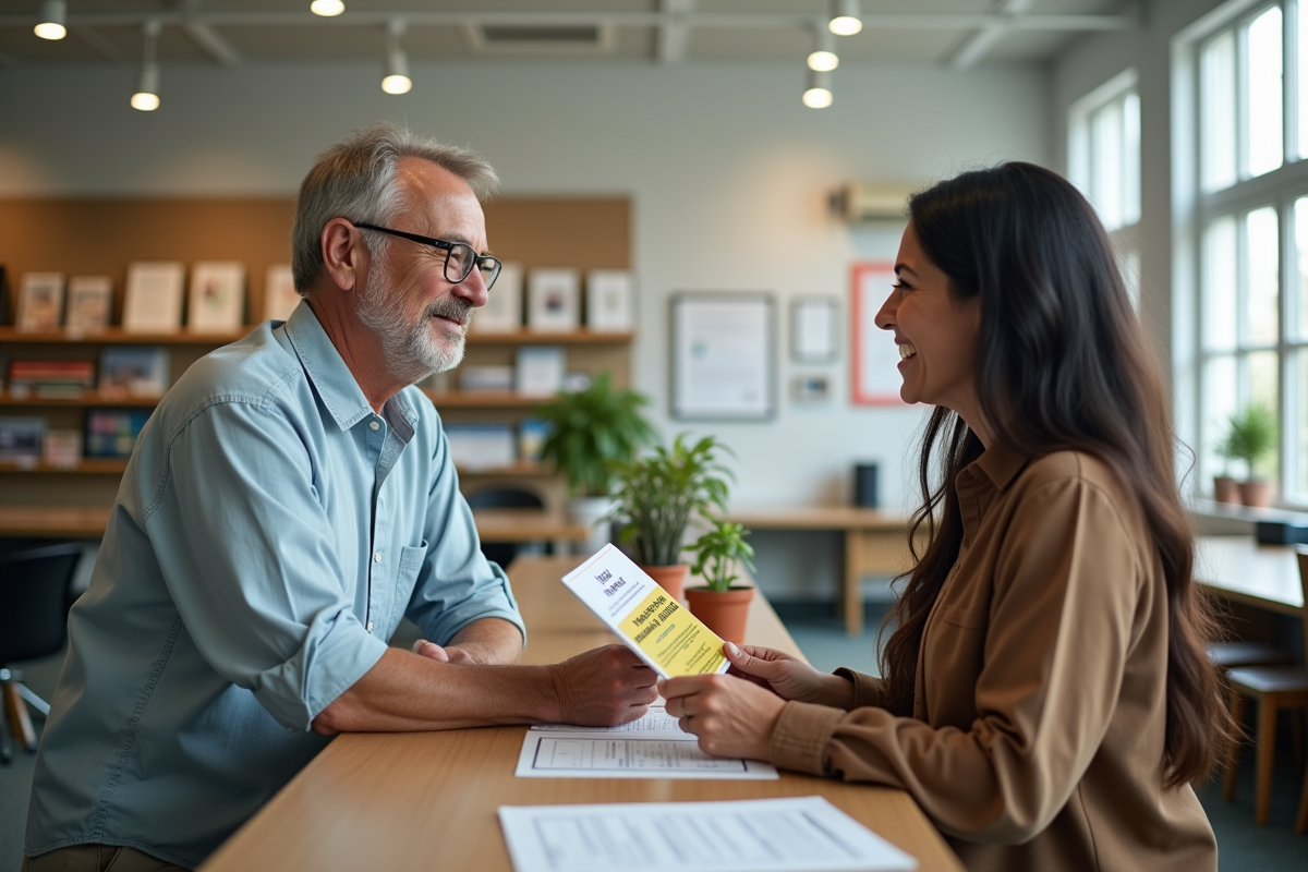 Homme discutant avec un conseiller dans un centre de ressources éducatives