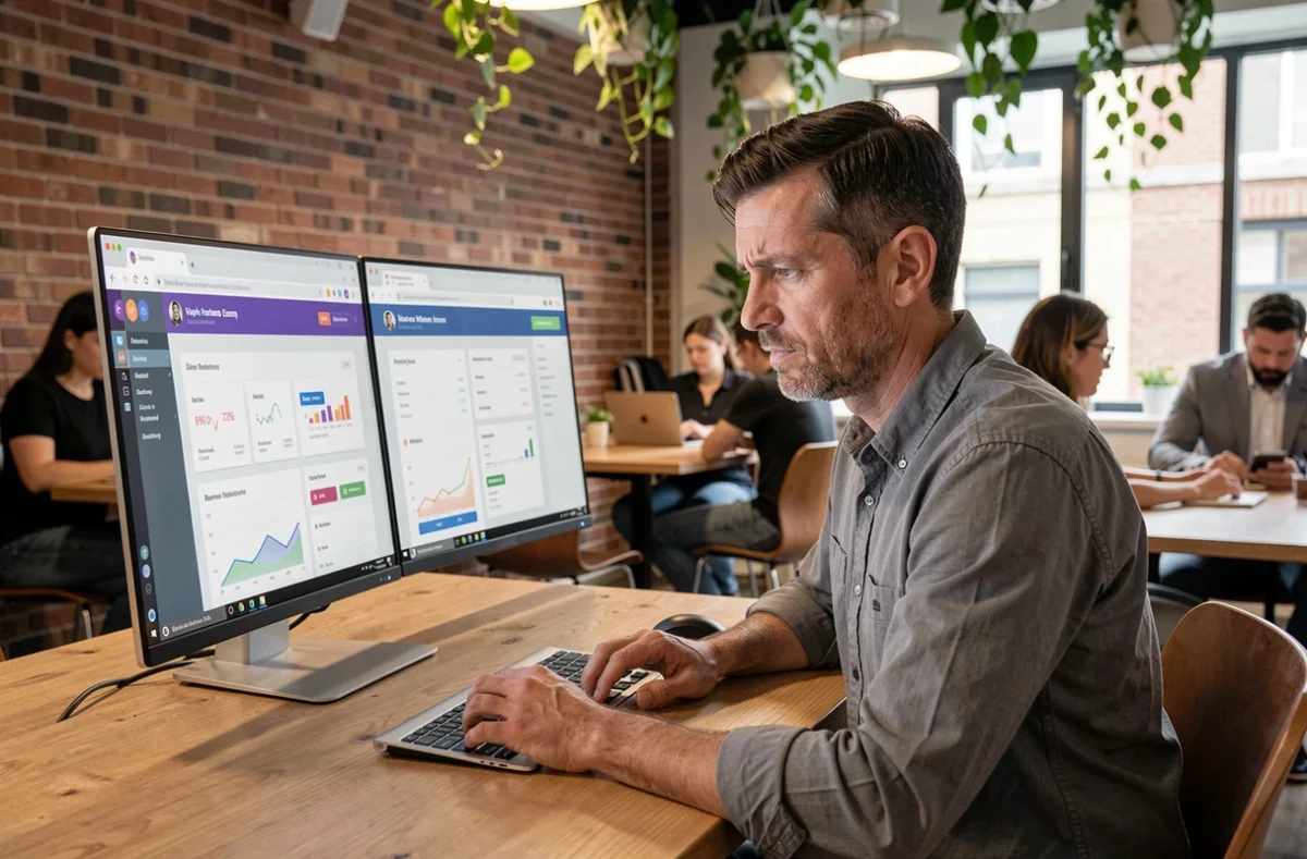 Homme en espace de coworking comparant les prix de formations en ligne propulsées par l'IA sur un écran d'ordinateur