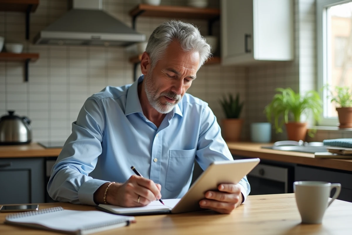 Homme d age moyen travaillant dans sa cuisine