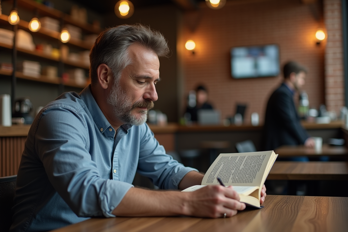 Homme lisant un livre de développement personnel