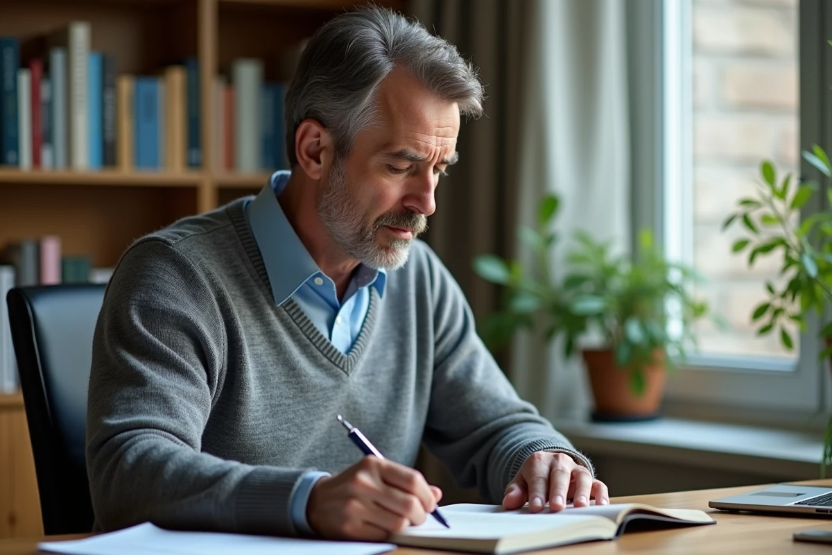 Homme en tenue d&eacute;contract&eacute;e lisant un livre de sant&eacute; dans un bureau