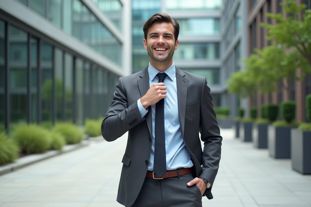 Homme souriant ajustant sa cravate devant un bâtiment moderne