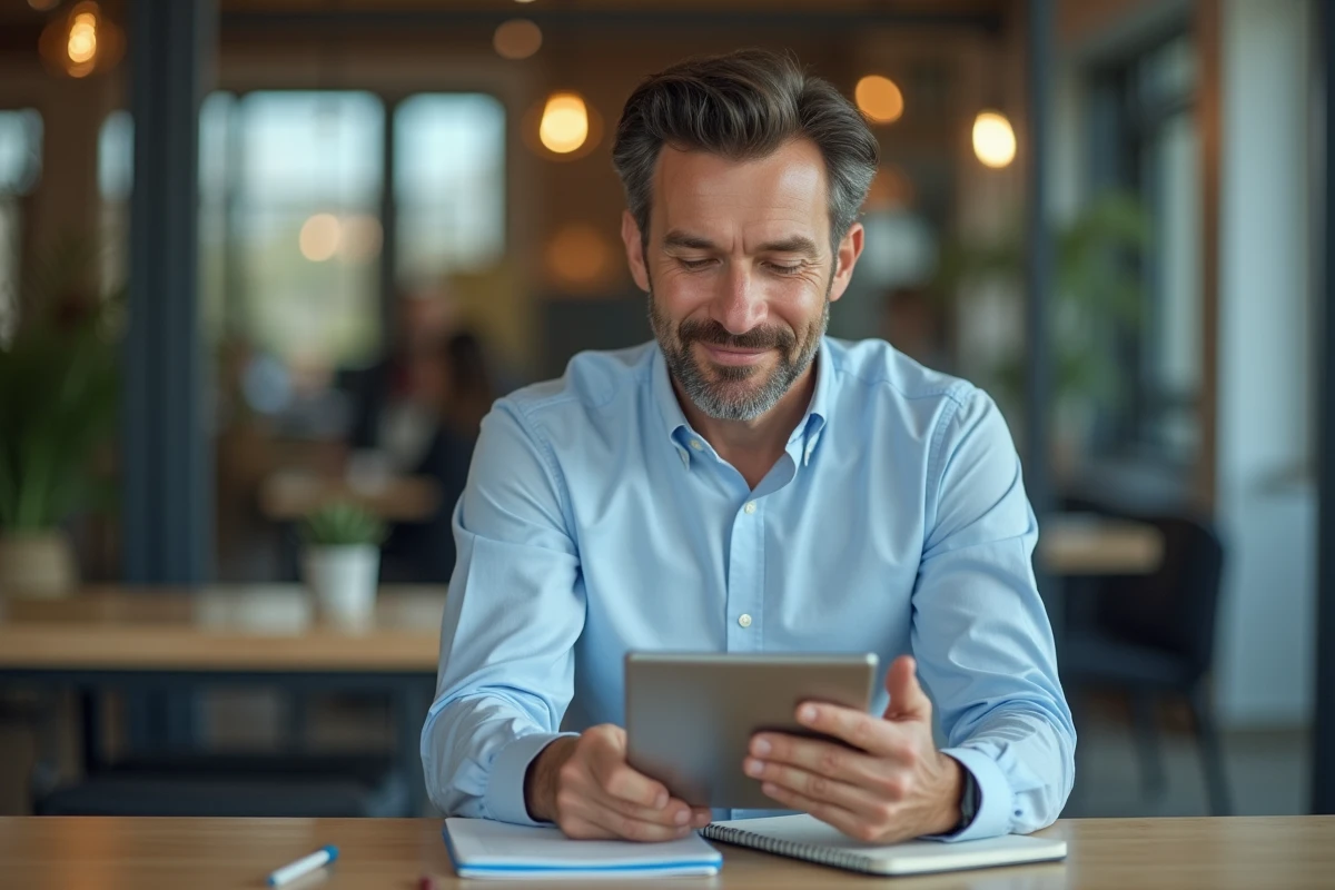 Homme d affaires en coworking utilisant une tablette et prenant des notes