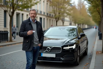 Homme d'&acirc;ge moyen avec carte VTC devant voiture &agrave; Paris