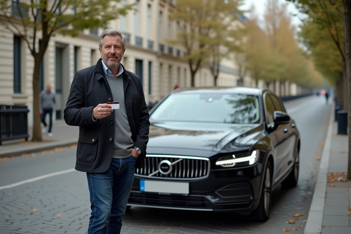 Homme d'âge moyen avec carte VTC devant voiture à Paris