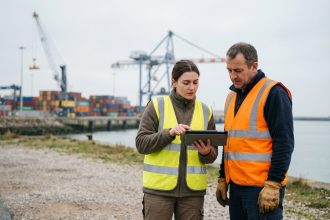 Femme et homme en vestes réfléchissantes vérifiant une liste de maintenance au port de Dieppe